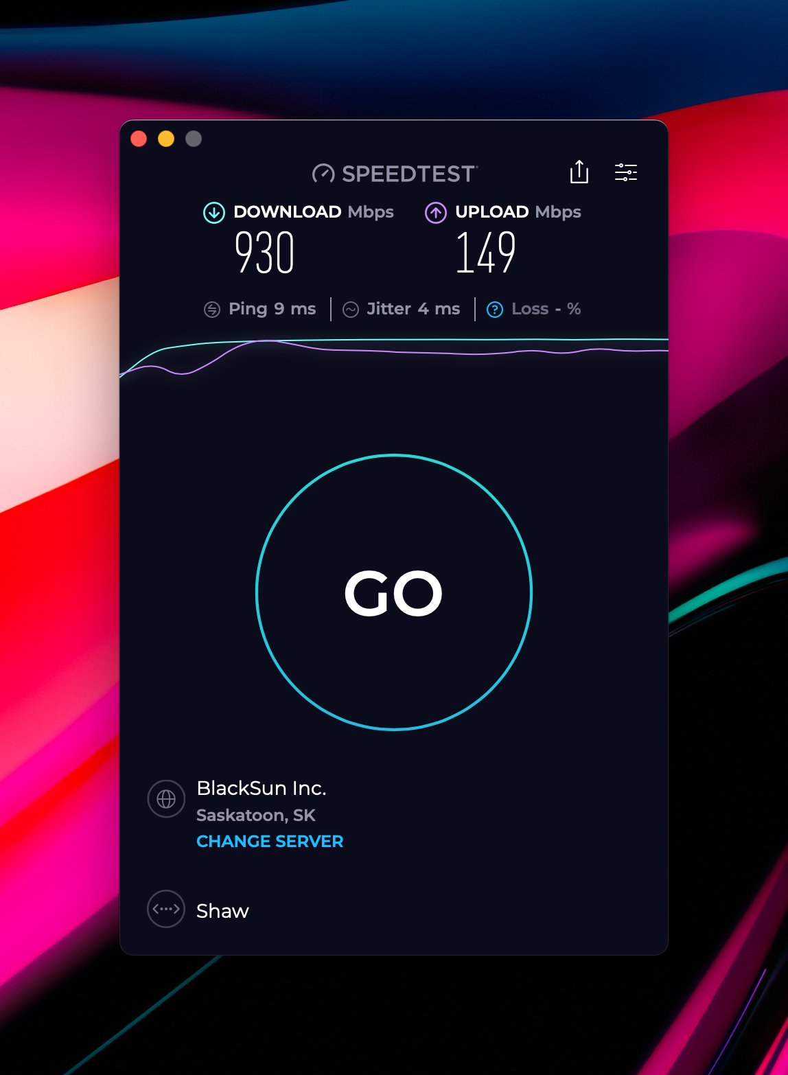 Speedtest rating showing 930Mbps download, 149Mbps upload