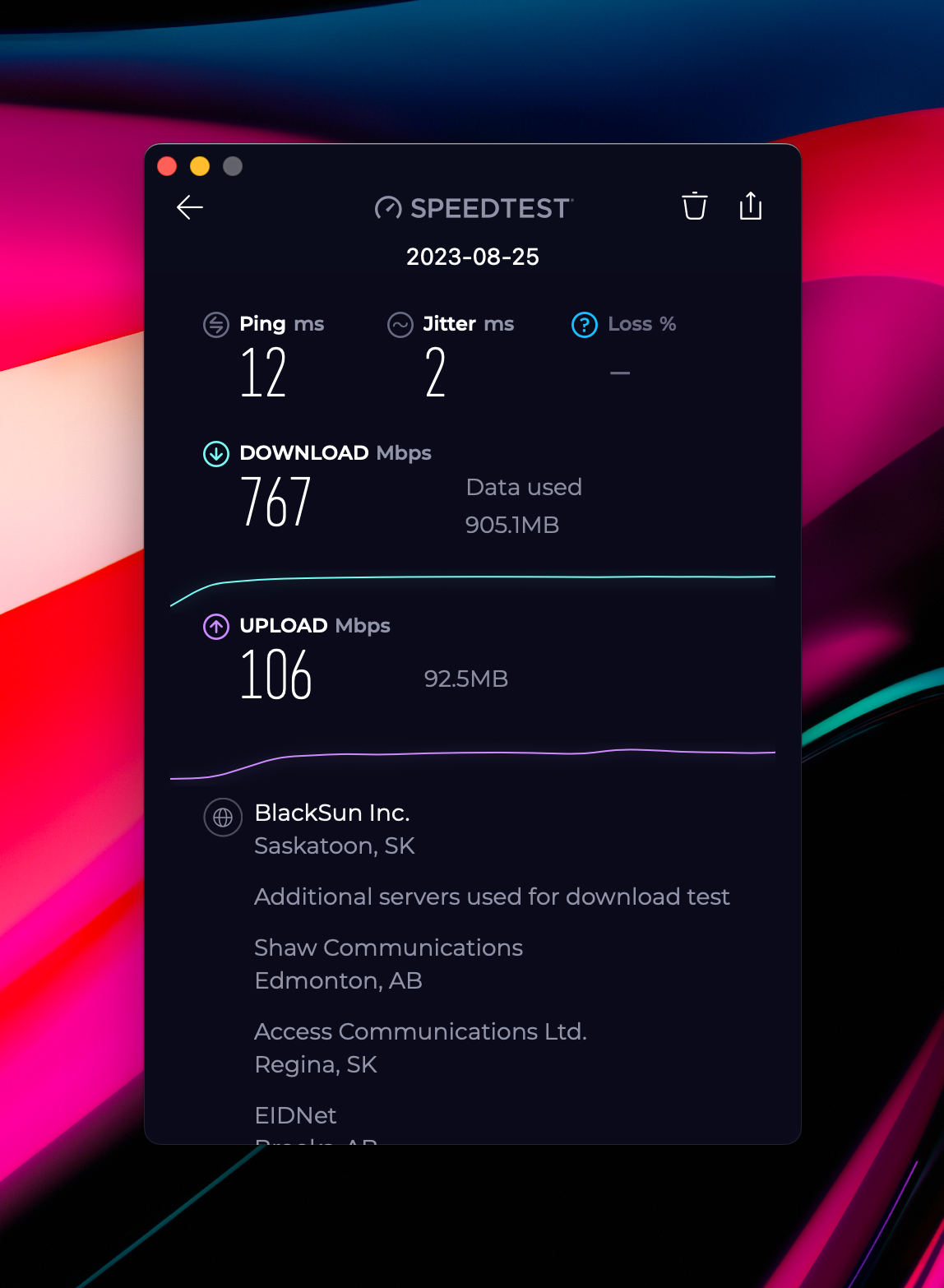 Speedtest rating showing 767Mbps download, 106Mbps upload