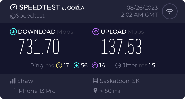 Speedtest rating showing 731.70Mbps download, 137.53Mbps upload