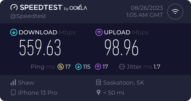 Speedtest rating showing 559.63Mbps download, 98.96Mbps upload
