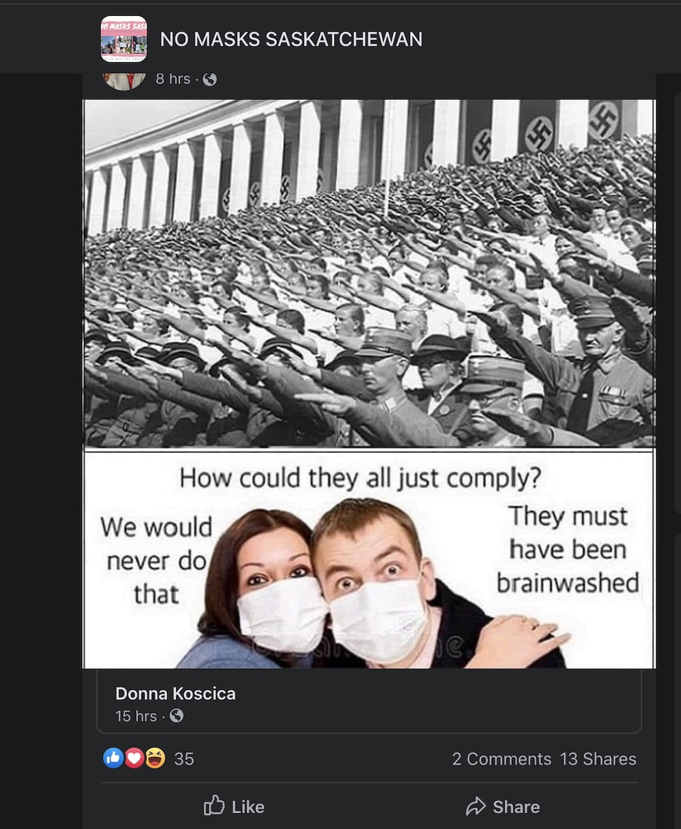 Comparing wearing a mask to letting the Nazi's murder Jews